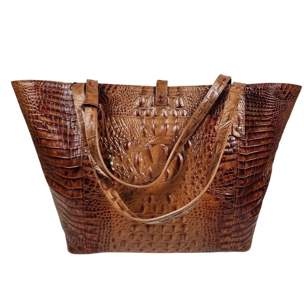 Brahmin All Day Tote Toasted Almond Croc Embossed Leather Large Shoulder Bag - Picture 3 of 14